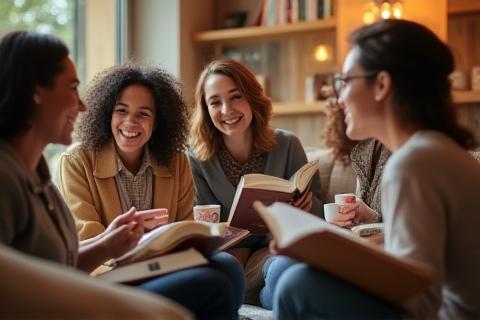 People gathered in a relaxed setting discussing books